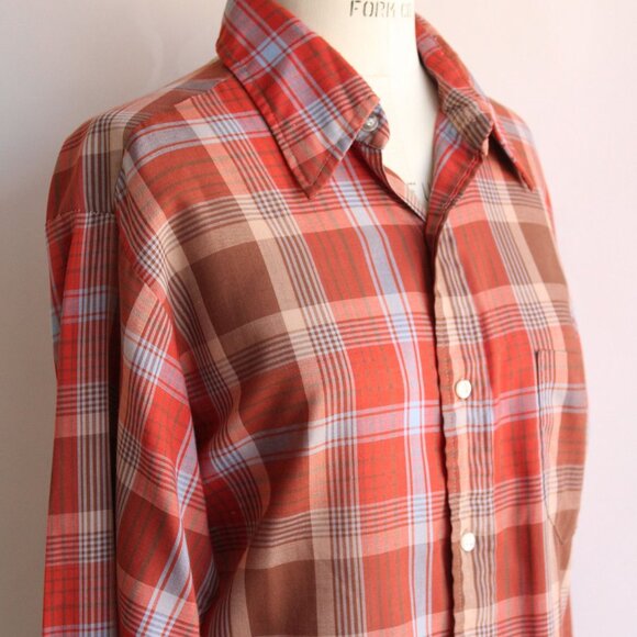 Vintage 1970s Shirt, Viking Dagger Collar Orange Plaid Tratan Button Down Blouse - Picture 5 of 10